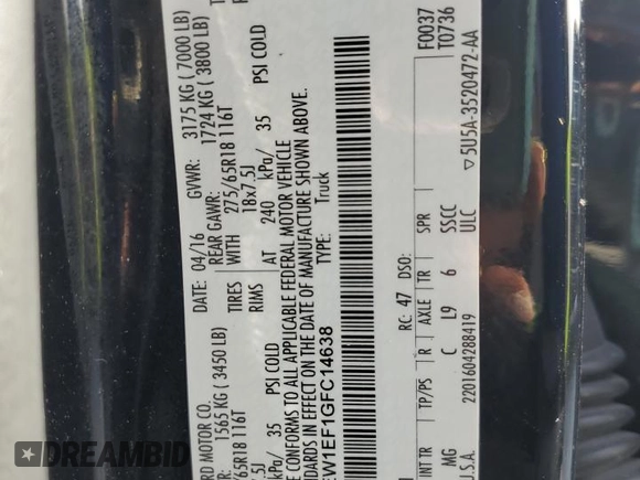 2016 Ford F-150 XLT with VIN 1FTEW1EF1GFC14638, listed as a Copart auction lot 46406925 with Not provided miles and Salvage title. Bid and sale history available at DreamBid. Image 13.