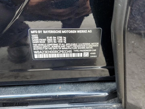 2024 BMW 7 Series 740i with VIN WBA23EH00RCP83346, listed as a Copart auction lot 74360314 with 0 mi miles and Non Repairable. Bid and sale history available at carsss.com. Image 13.