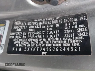 2012 Kia Sorento LX with VIN 5XYKT3A19CG244821, listed as a IAAI auction lot 41862626 with 243,165 mi miles. Bid and sale history available at carsss.com. Image 9.
