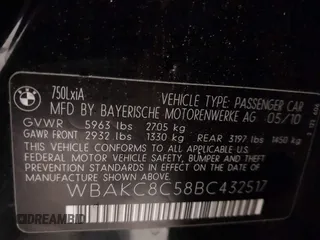 2011 BMW 7 Series 750Li xDrive with VIN WBAKC8C58BC432517, listed as a IAAI auction lot 41874352 with 125,288 mi miles and . Bid and sale history available at DreamBid. Image 9.