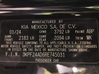 2024 Kia Forte LXS with VIN 3KPF24AD6RE745031, listed as a IAAI auction lot 41776118 with 18,093 mi miles and . Bid and sale history available at DreamBid. Image 9.