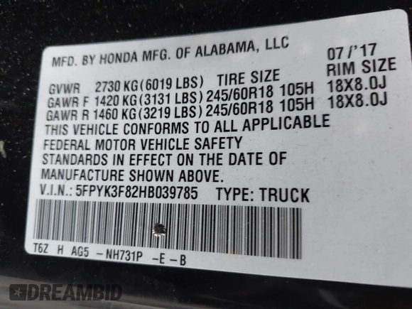 2017 Honda Ridgeline Black Edition with VIN 5FPYK3F82HB039785, listed as a IAAI auction lot 41815518 with 58,617 mi miles and . Bid and sale history available at DreamBid. Image 9.