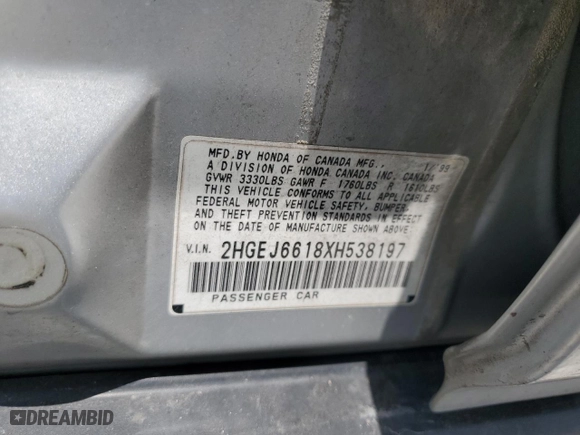 1999 Honda Civic VP with VIN 2HGEJ6618XH538197, listed as a Copart auction lot 59549414 with 180,241 mi miles and Salvage Title. Bid and sale history available at carsss.com. Image 12.