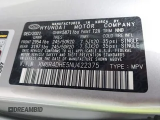 2022 Hyundai Palisade SEL with VIN KM8R4DHE5NU422375, listed as a IAAI auction lot 42739876 with Not provided miles and . Bid and sale history available at DreamBid. Image 9.