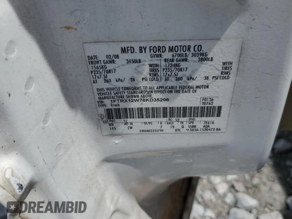 2008 Ford F-150 STX with VIN 1FTRX12W78KD35296, listed as a Copart auction lot 60308995 with 174,296 mi miles and Salvage title. Bid and sale history available at DreamBid. Image 12.