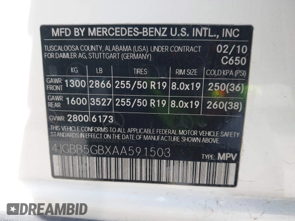 2010 Mercedes-Benz M 350 with VIN 4JGBB5GBXAA591503, listed as a IAAI auction lot 41970139 with 190,453 mi miles and . Bid and sale history available at DreamBid. Image 9.