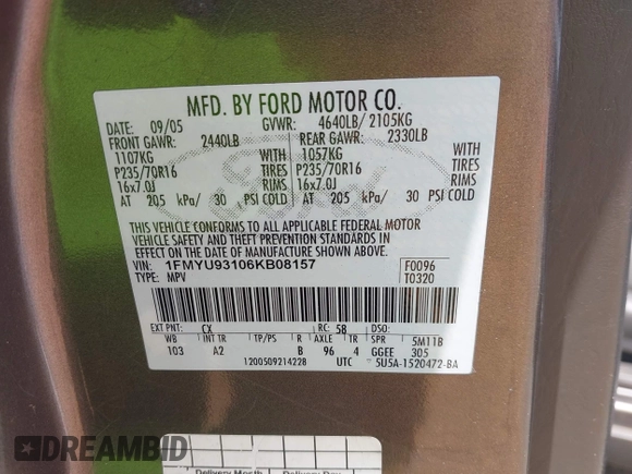 2006 Ford Escape XLT с VIN 1FMYU93106KB08157, выставлен на аукционе IAAI как лот 42471588 с пробегом Не указан миль и . История ставок и продаж доступна на DreamBid. Изображение 9.