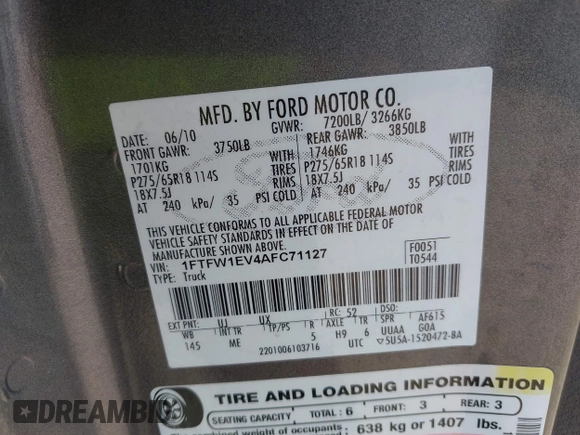 2010 Ford F-150 XL with VIN 1FTFW1EV4AFC71127, listed as a IAAI auction lot 42010892 with 196,586 mi miles and . Bid and sale history available at carsss.com. Image 9.