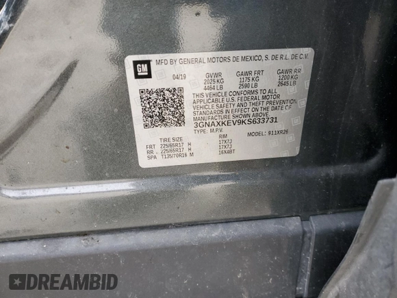 2019 Chevrolet Equinox LT with VIN 3GNAXKEV9KS633731, listed as a Copart auction lot 46118945 with 119,479 mi miles and Salvage Title. Bid and sale history available at DreamBid. Image 13.