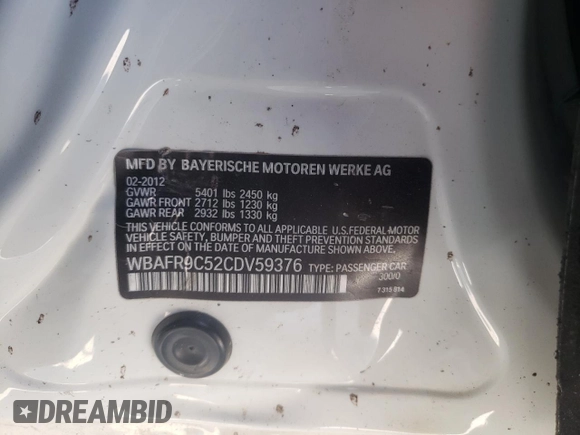 2012 BMW 5 Series 550i with VIN WBAFR9C52CDV59376, listed as a Copart auction lot 61603694 with Not Provided miles and Salvage Title. Bid and sale history available at carsss.com. Image 12.