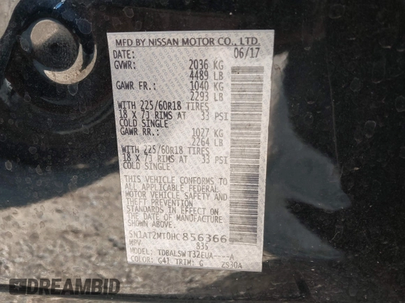 2017 Nissan Rogue SL with VIN 5N1AT2MT0HC856366, listed as a IAAI auction lot 41894810 with 76,914 mi miles and . Bid and sale history available at DreamBid. Image 9.