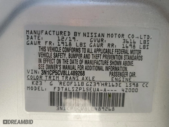 2020 Nissan Kicks SV with VIN 3N1CP5CV8LL489268, listed as a Copart auction lot 48695025 with 81,235 mi miles and Salvage Title. Bid and sale history available at carsss.com. Image 14.