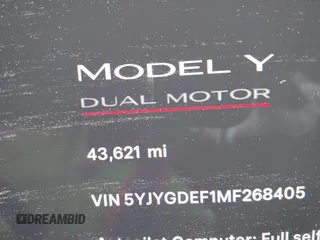2021 Tesla Model Y Performance with VIN 5YJYGDEF1MF268405, listed as a IAAI auction lot 41818331 with 43,621 mi miles and . Bid and sale history available at DreamBid. Image 15.