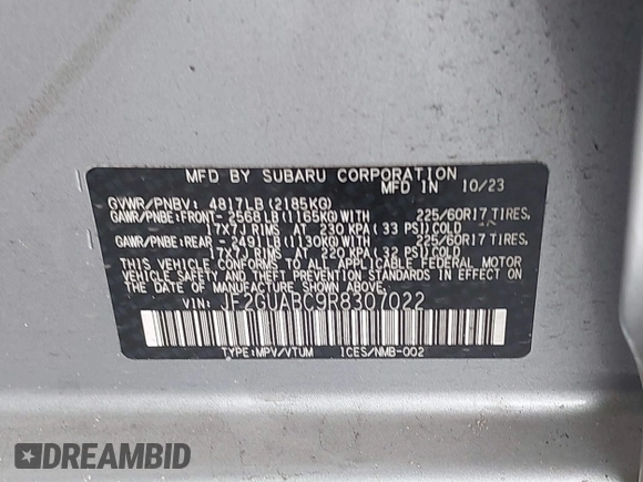2024 Subaru Crosstrek with VIN JF2GUABC9R8307022, listed as a IAAI auction lot 42373028 with 27,040 mi miles and . Bid and sale history available at DreamBid. Image 9.