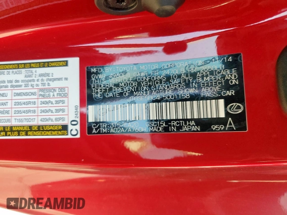2015 Lexus RC 350 F Sport with VIN JTHSE5BC4F5001158, listed as a Copart auction lot 62917315 with 58,572 mi miles and Salvage title. Bid and sale history available at DreamBid. Image 13.