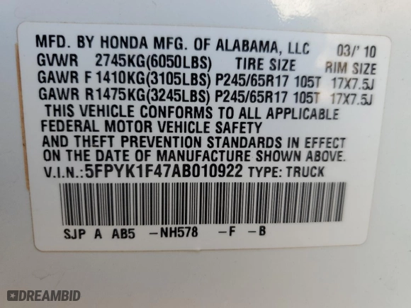 2010 Honda Ridgeline RTS with VIN 5FPYK1F47AB010922, listed as a Copart auction lot 77881294 with 37,977 mi miles and Salvage Title. Bid and sale history available at carsss.com. Image 13.