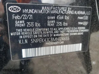 2021 Hyundai Sonata N Line with VIN 5NPEK4JC8MH124655, listed as a Copart auction lot 52017045 with 31,914 mi miles and Clean Title. Bid and sale history available at carsss.com. Image 12.