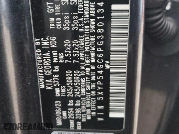 2023 Kia Telluride SX with VIN 5XYP54GC6PG380134, listed as a Copart auction lot 82046514 with 17,720 mi miles and Salvage title. Bid and sale history available at DreamBid. Image 13.