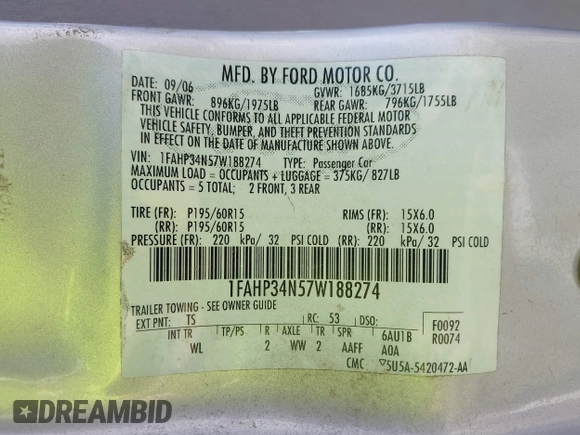 2007 Ford Focus S with VIN 1FAHP34N57W188274, listed as a IAAI auction lot 41753738 with Not Provided miles and . Bid and sale history available at carsss.com. Image 9.