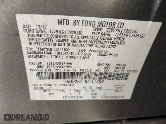 2018 Ford Taurus SEL z VIN 1FAHP2E81JG111809, wystawiony jako IAAI lot #42228720 z przebiegiem 83 532 mil mil oraz . Historia ofert i sprzedaży dostępna na DreamBid. Obrazek 9.