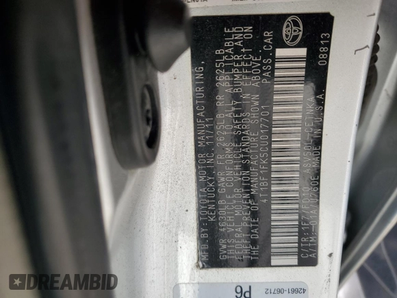 2012 Toyota Camry L with VIN 4T1BF1FK5CU017701, listed as a Copart auction lot 87230544 with 200,854 mi miles and Salvage Title. Bid and sale history available at DreamBid. Image 12.