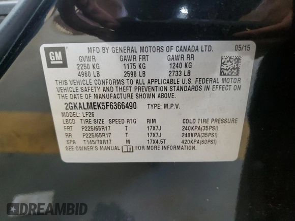 2015 GMC Terrain SLE with VIN 2GKALMEK5F6366490, listed as a Copart auction lot 62102065 with 179,327 mi miles and Salvage title. Bid and sale history available at DreamBid. Image 13.