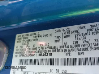 2020 Ford Escape SE with VIN 1FMCU9G61LUB49218, listed as a IAAI auction lot 42206313 with 47,408 mi miles and . Bid and sale history available at DreamBid. Image 9.