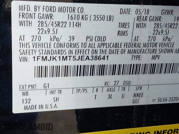 2018 Ford Expedition Max Platinum with VIN 1FMJK1MT5JEA38641, listed as a IAAI auction lot 42049736 with 95,093 mi miles and . Bid and sale history available at DreamBid. Image 9.