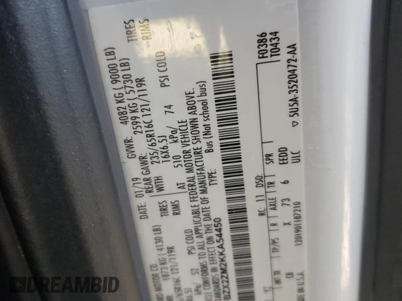 2019 Ford Transit Passenger XL with VIN 1FBZX2ZM2KKA54450, listed as a Copart auction lot 68439774 with 113,110 mi miles and Salvage Title. Bid and sale history available at carsss.com. Image 13.