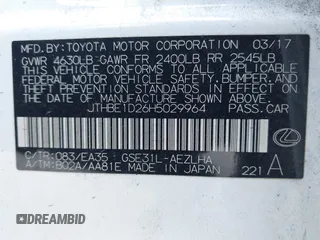 2017 Lexus IS 350 with VIN JTHBE1D26H5029964, listed as a IAAI auction lot 41891131 with 116,033 mi miles and . Bid and sale history available at DreamBid. Image 9.