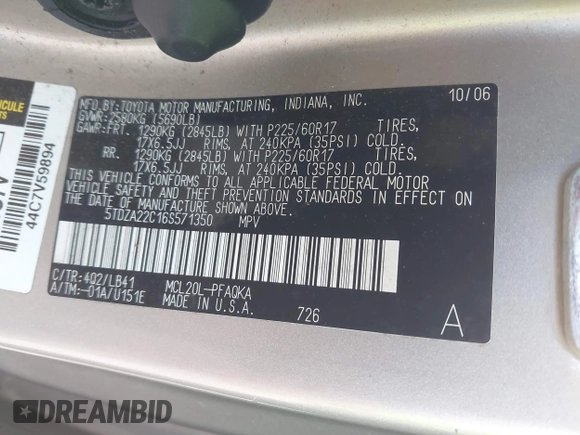 2006 Toyota Sienna XLE with VIN 5TDZA22C16S571350, listed as a IAAI auction lot 41725551 with 233,487 mi miles. Bid and sale history available at carsss.com. Image 9.