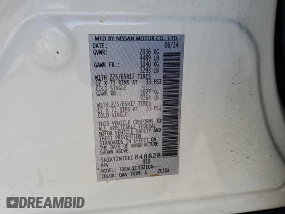 2014 Nissan Rogue SV with VIN 5N1AT2MT0EC848828, listed as a Copart auction lot 55297045 with 114,431 mi miles and Salvage Title. Bid and sale history available at DreamBid. Image 14.