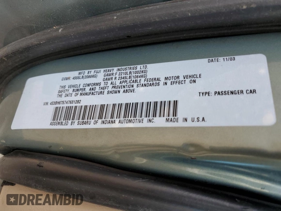 2004 Subaru Legacy Outback z VIN 4S3BH675747631282, wystawiony jako Copart lot #59501305 z przebiegiem 207 078 mil mil oraz Szkoda całkowita • Salvage title. Historia ofert i sprzedaży dostępna na DreamBid. Obrazek 12.