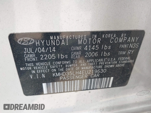 2014 Hyundai Elantra with VIN KMHD35LH4EU219630, listed as a IAAI auction lot 42421681 with 113,442 mi miles and . Bid and sale history available at DreamBid. Image 9.