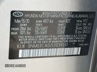 2020 Hyundai Santa Fe SEL with VIN 5NMS3CAD7LH239231, listed as a Copart auction lot 70031602 with 22,025 mi miles. Bid and sale history available at carsss.com. Image 13.