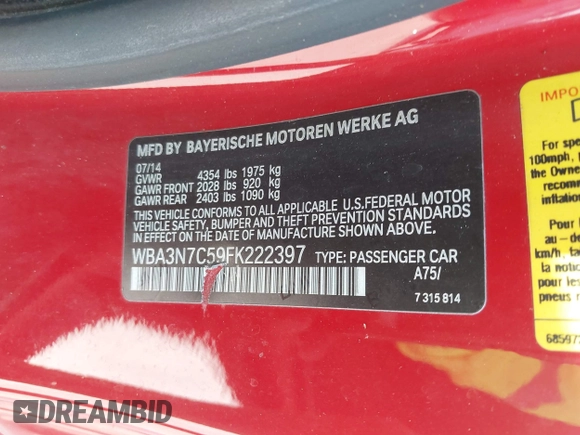 2015 BMW 4 Series 428i with VIN WBA3N7C59FK222397, listed as a IAAI auction lot 42619107 with 79,059 mi miles and . Bid and sale history available at DreamBid. Image 9.