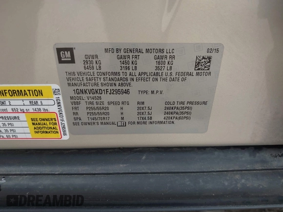 2015 Chevrolet Traverse LT with VIN 1GNKVGKD1FJ295946, listed as a IAAI auction lot 41519933 with 156,997 mi miles and . Bid and sale history available at DreamBid. Image 9.