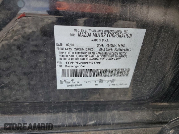 2009 Mazda 6 i Touring with VIN 1YVHP82A895M21705, listed as a Copart auction lot 57065245 with 224,444 mi miles and Salvage title. Bid and sale history available at DreamBid. Image 12.