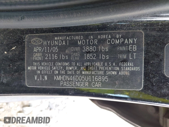 2005 Hyundai Elantra GLS with VIN KMHDN46D05U116895, listed as a IAAI auction lot 42345616 with 292,340 mi miles and . Bid and sale history available at DreamBid. Image 9.