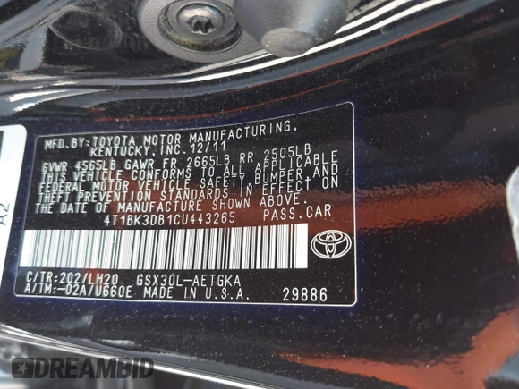 2012 Toyota Avalon z VIN 4T1BK3DB1CU443265, wystawiony jako IAAI lot #42676482 z przebiegiem 70 747 mil mil oraz . Historia ofert i sprzedaży dostępna na DreamBid. Obrazek 9.