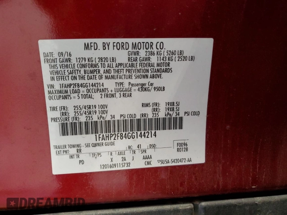 2016 Ford Taurus Limited with VIN 1FAHP2F84GG144214, listed as a Copart auction lot 62465985 with 85,659 mi miles and Clean title. Bid and sale history available at DreamBid. Image 12.