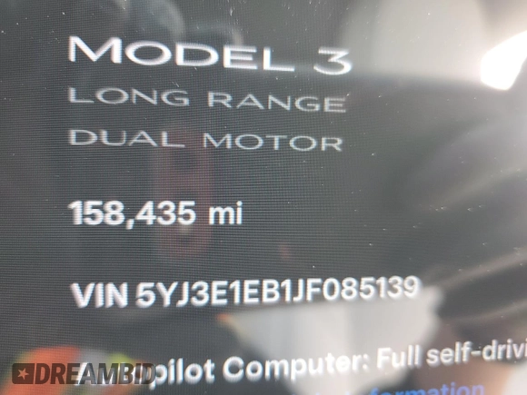 2018 Tesla Model 3 Long Range Battery z VIN 5YJ3E1EB1JF085139, wystawiony jako Copart lot #46888915 z przebiegiem 158 435 mil mil oraz Szkoda całkowita • Salvage title. Historia ofert i sprzedaży dostępna na DreamBid. Obrazek 9.