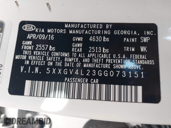 2016 Kia Optima SXL Turbo with VIN 5XXGV4L23GG073151, listed as a IAAI auction lot 41363341 with 74,226 mi miles. Bid and sale history available at carsss.com. Image 9.