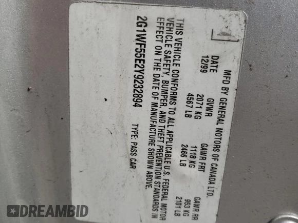 2000 Chevrolet Impala с VIN 2G1WF55E2Y9232894, выставлен на аукционе Copart как лот 48986095 с пробегом 121 136 миль миль и Списание • Salvage title. История ставок и продаж доступна на DreamBid. Изображение 14.