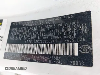 2020 Toyota Camry SE z VIN 4T1G11AKXLU908241, wystawiony jako IAAI lot #42093849 z przebiegiem 132 855 mil mil oraz . Historia ofert i sprzedaży dostępna na DreamBid. Obrazek 9.