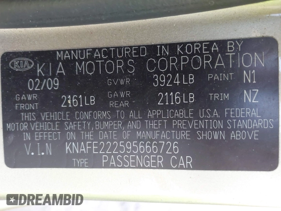 2009 Kia Spectra EX with VIN KNAFE222595666726, listed as a IAAI auction lot 40677796 with 25,305 mi miles. Bid and sale history available at carsss.com. Image 9.