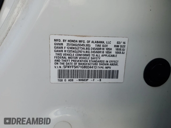 2016 Honda Pilot EX-L with VIN 5FNYF5H71GB034413, listed as a Copart auction lot 50452695 with 118,907 mi miles and Salvage Title. Bid and sale history available at DreamBid. Image 13.