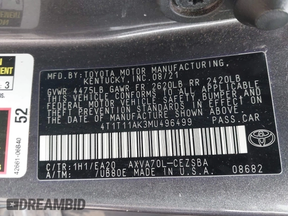2021 Toyota Camry SE Nightshade with VIN 4T1T11AK3MU496499, listed as a IAAI auction lot 41733005 with 141,711 mi miles. Bid and sale history available at carsss.com. Image 9.