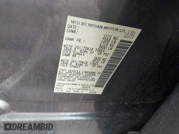 2021 Nissan Titan SV z VIN 1N6AA1EF8MN536575, wystawiony jako IAAI lot #42079874 z przebiegiem 45 332 mil mil oraz . Historia ofert i sprzedaży dostępna na DreamBid. Obrazek 9.