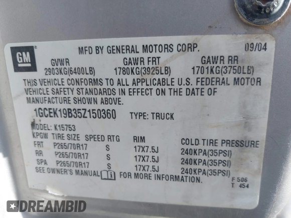 2005 Chevrolet Silverado 1500 Z71 z VIN 1GCEK19B35Z150360, wystawiony jako IAAI lot #41923111 z przebiegiem Nie podano mil oraz . Historia ofert i sprzedaży dostępna na DreamBid. Obrazek 9.
